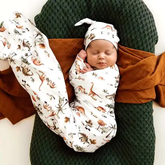 Baby swaddle wrap and beanie dinosaur print