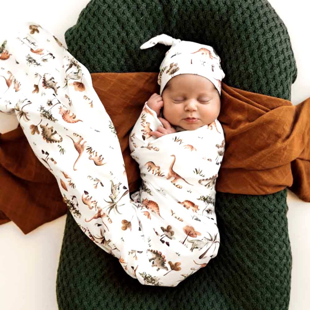 Baby swaddle wrap and beanie dinosaur print