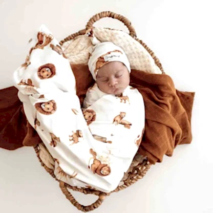baby swaddle wrap and beanie set lion print