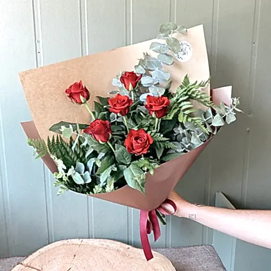 6 long stem roses and foliage bouquet