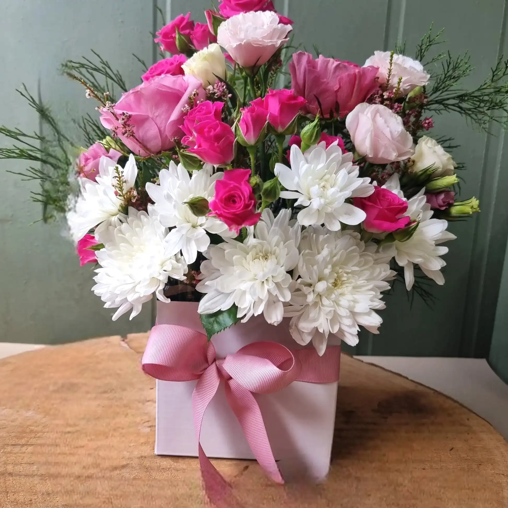 pink and white flower box